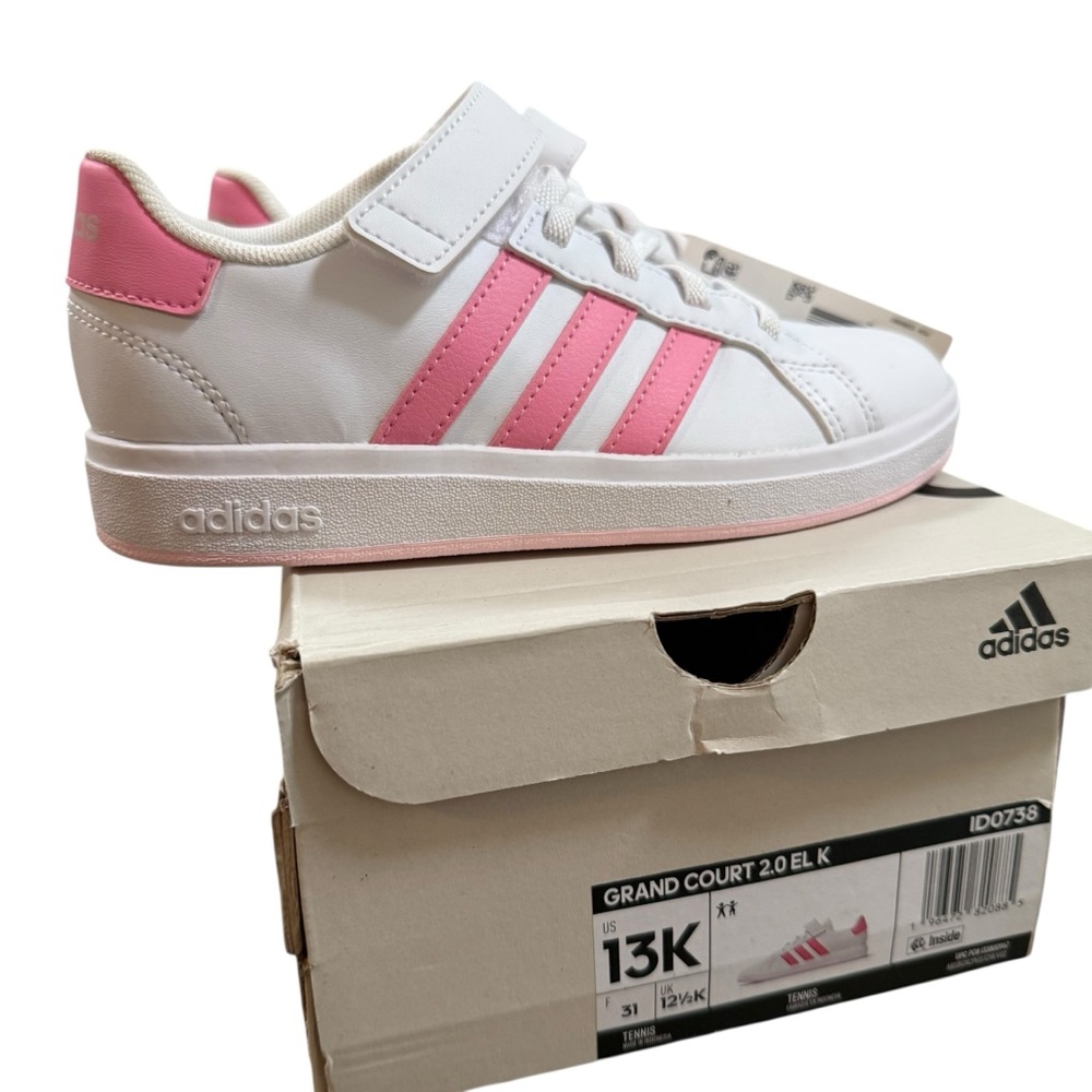 Adidas Kids Grand Court pink stripe sneakers 13K Velcro lace up casual